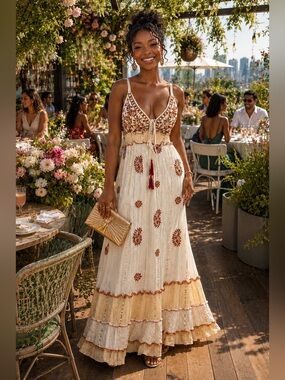 NWOT Stunning Romantic Ivory Maxi Dress w/Metallic Gold & Burgundy Embroidery